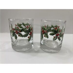 Set Of 2 Vintage Christmas Shot Glasses Tea Light Candle Holders Holly Berry